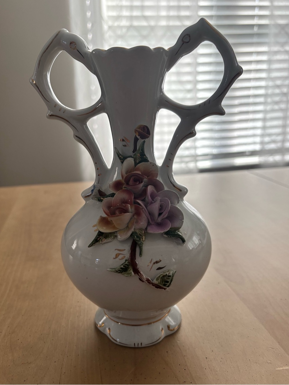 Vintage Porcelain Double Handled Vase. Multi Colored Flowers & Gold trim. 8.5”